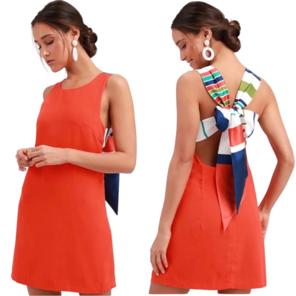 Lulu's Coral Mini Dress with Striped Back Tie